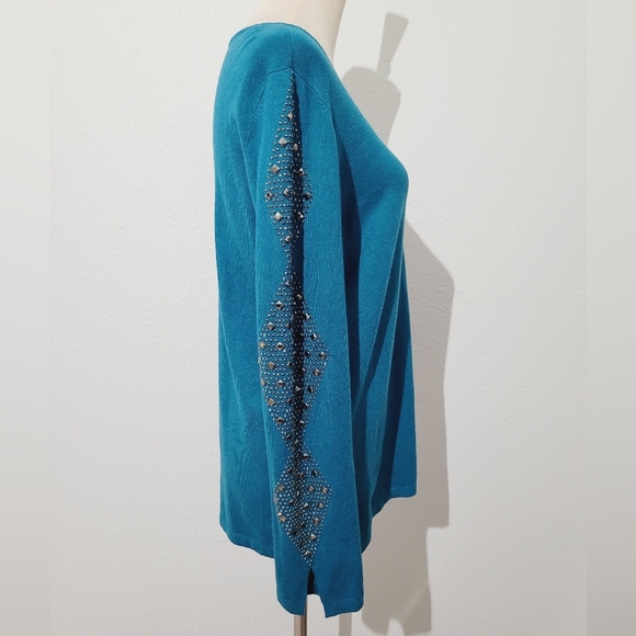 Milano Teal Knit Sweater Women’s Size Large Beaded Studded Sleeve Pullover Top - Picture 4 of 10